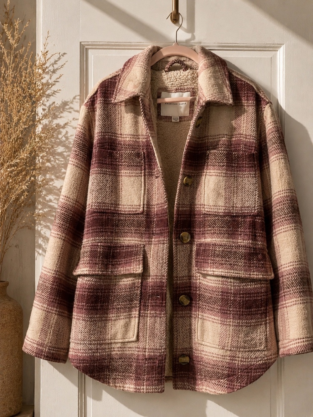 American Eagle Outfitters Cream & Burgundy Plaid Sherpa Jacket